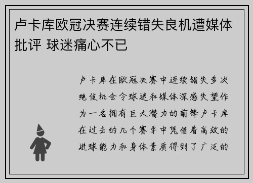 卢卡库欧冠决赛连续错失良机遭媒体批评 球迷痛心不已